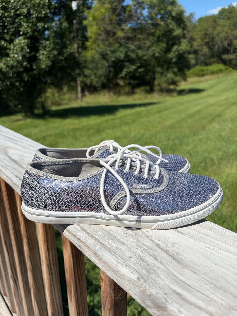 Vans Women's Size 7 Men's Size 5.5 TB4R Silver Sequin Skater Laced Sneaker Shoes